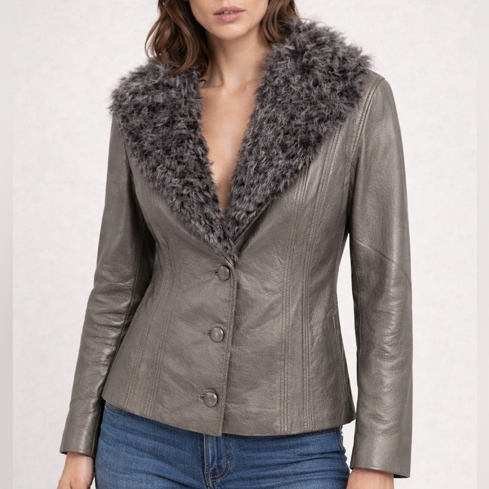 Vintage Y2K Silver Leather Jacket Penny Lane Faux Fur Attachment FLAWS